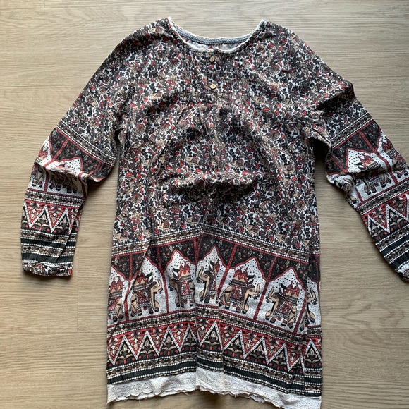 Vintage Dresses & Skirts - 1970s Red Indian Tunic Dress Elephant Floral Print